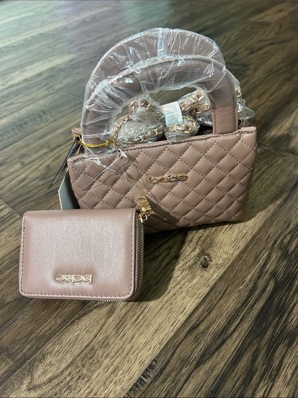 bebe sofie Quilted Mini Top-Handle Bag and Wallet in taupe